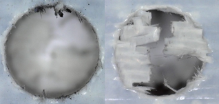 The image shows on the left the bore entry and on the right the bore exit before deburring.